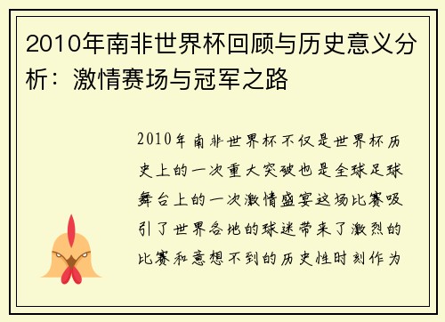 2010年南非世界杯回顾与历史意义分析：激情赛场与冠军之路
